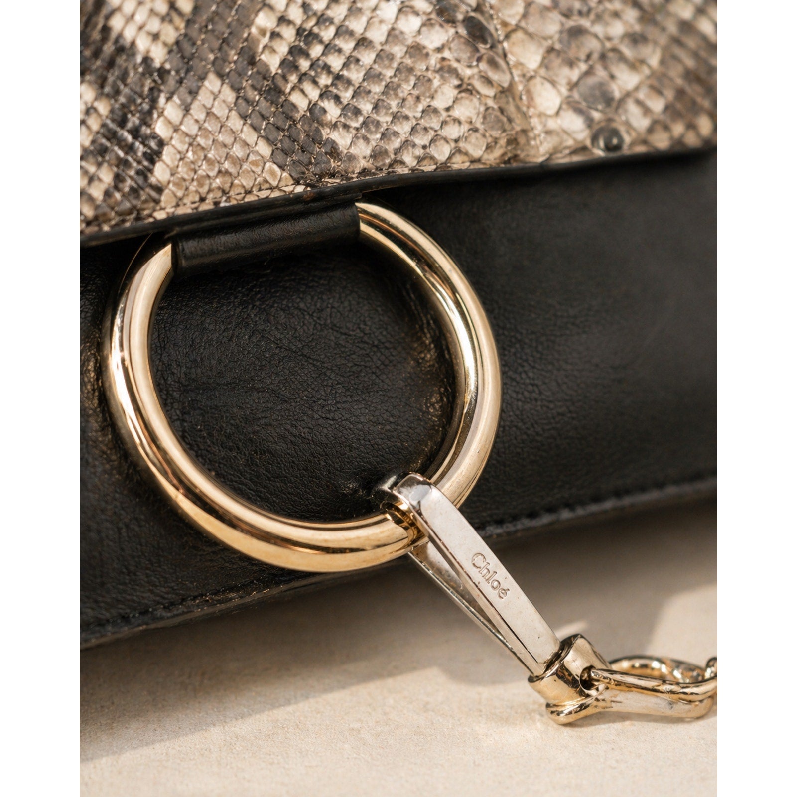Chloé Faye Leather Snakeskin Flap Crossbody Black Gold Ring