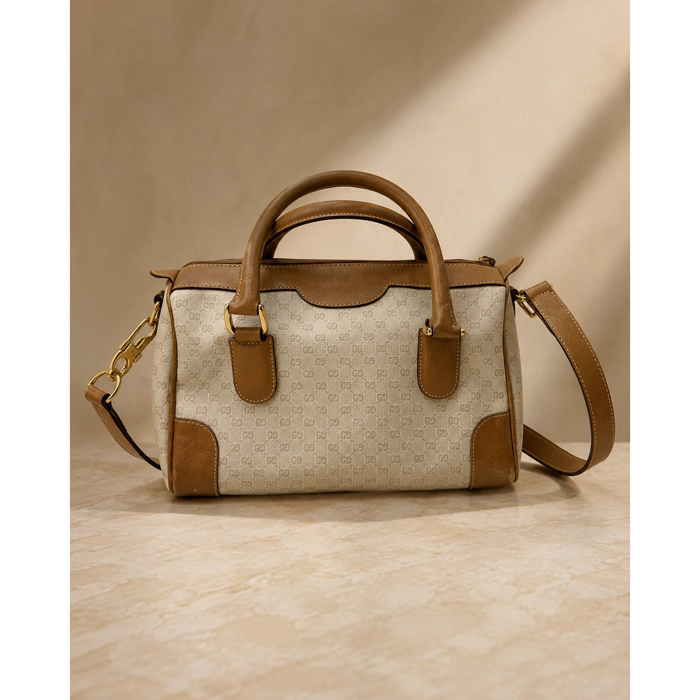 Gucci Vintage Micro GG Monogram Boston Bag Tan Leather Crossbody Authenticated