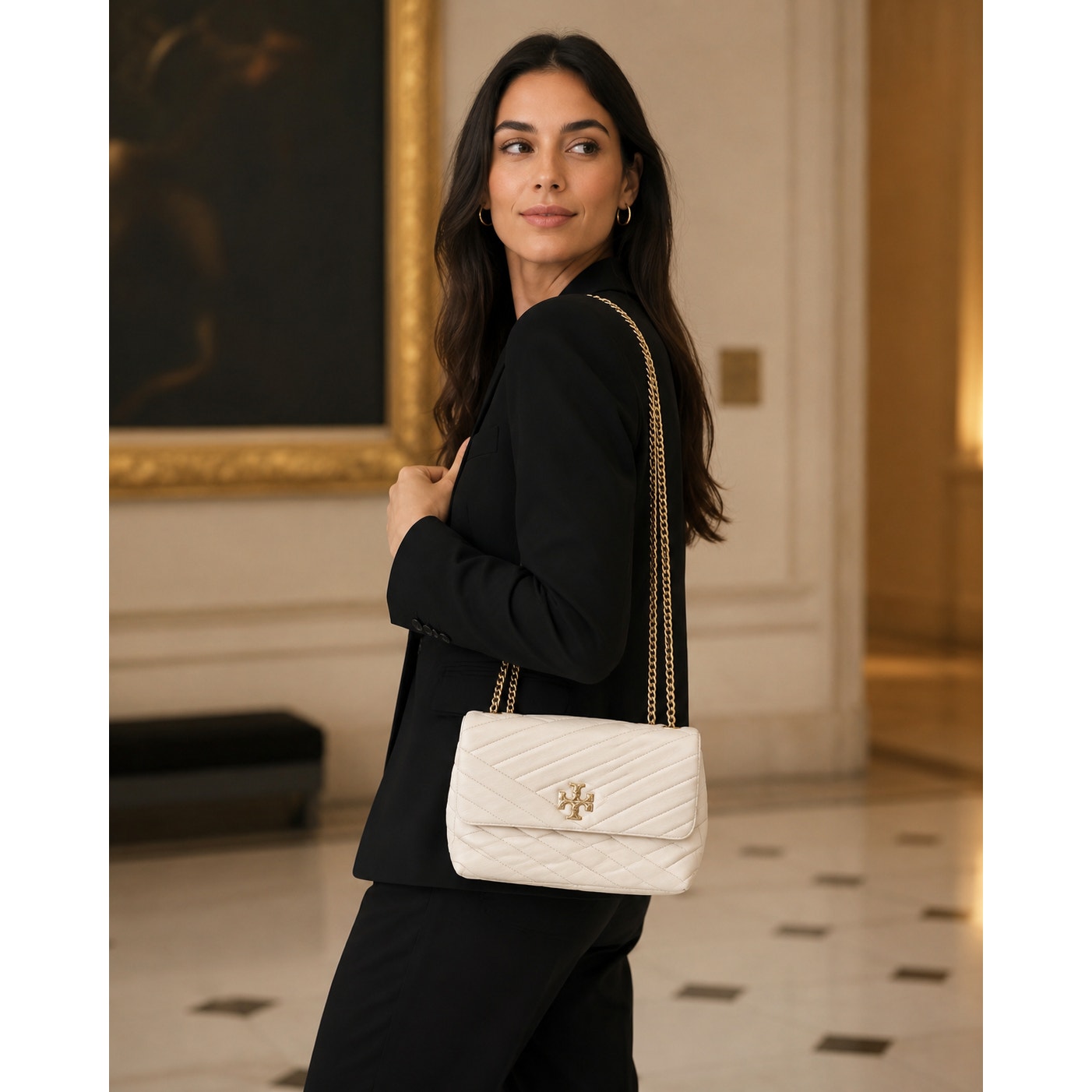 Tory Burch Kira Chevron Small Ivory Leather Convertible Shoulder Bag