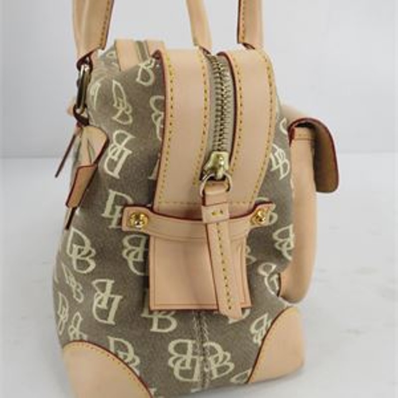 Dooney & Bourke Signature DB Monogram Pocket Satchel Tan Brown Leather Trim