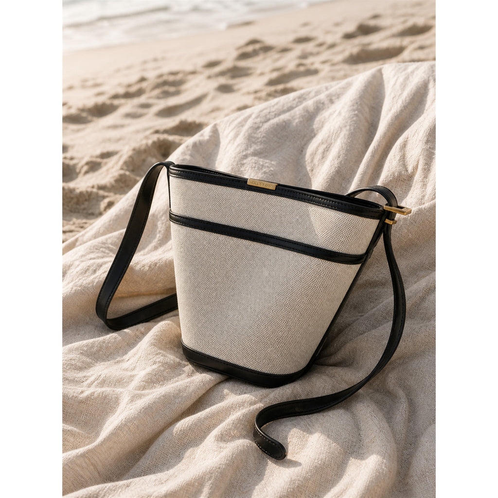 Halston Canvas Leather Trim Bucket Crossbody Bag Ivory Black Vintage