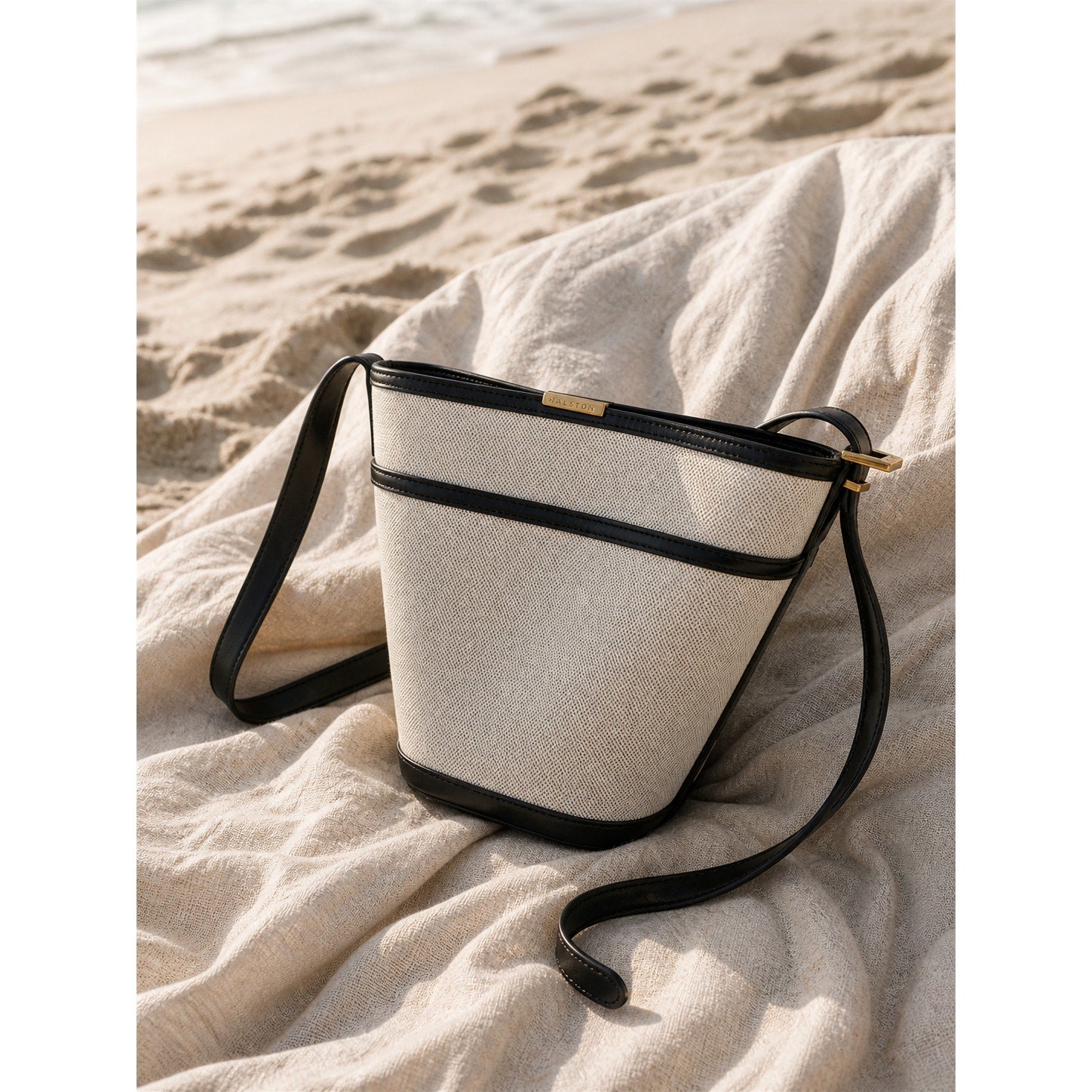 Halston Canvas Leather Trim Bucket Crossbody Bag Ivory Black Vintage