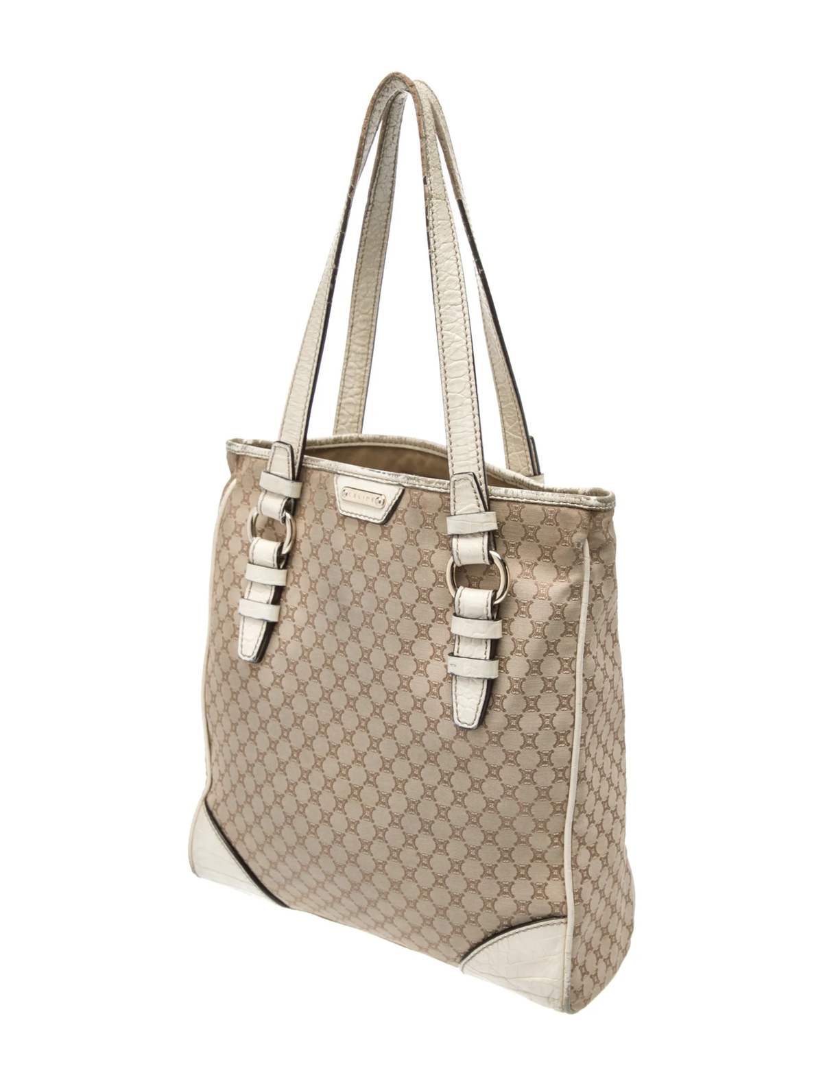 Vintage Celine neutral logo canvas tote angled view