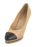 Chanel Interlocking CC beige leather pumps women's angled front view