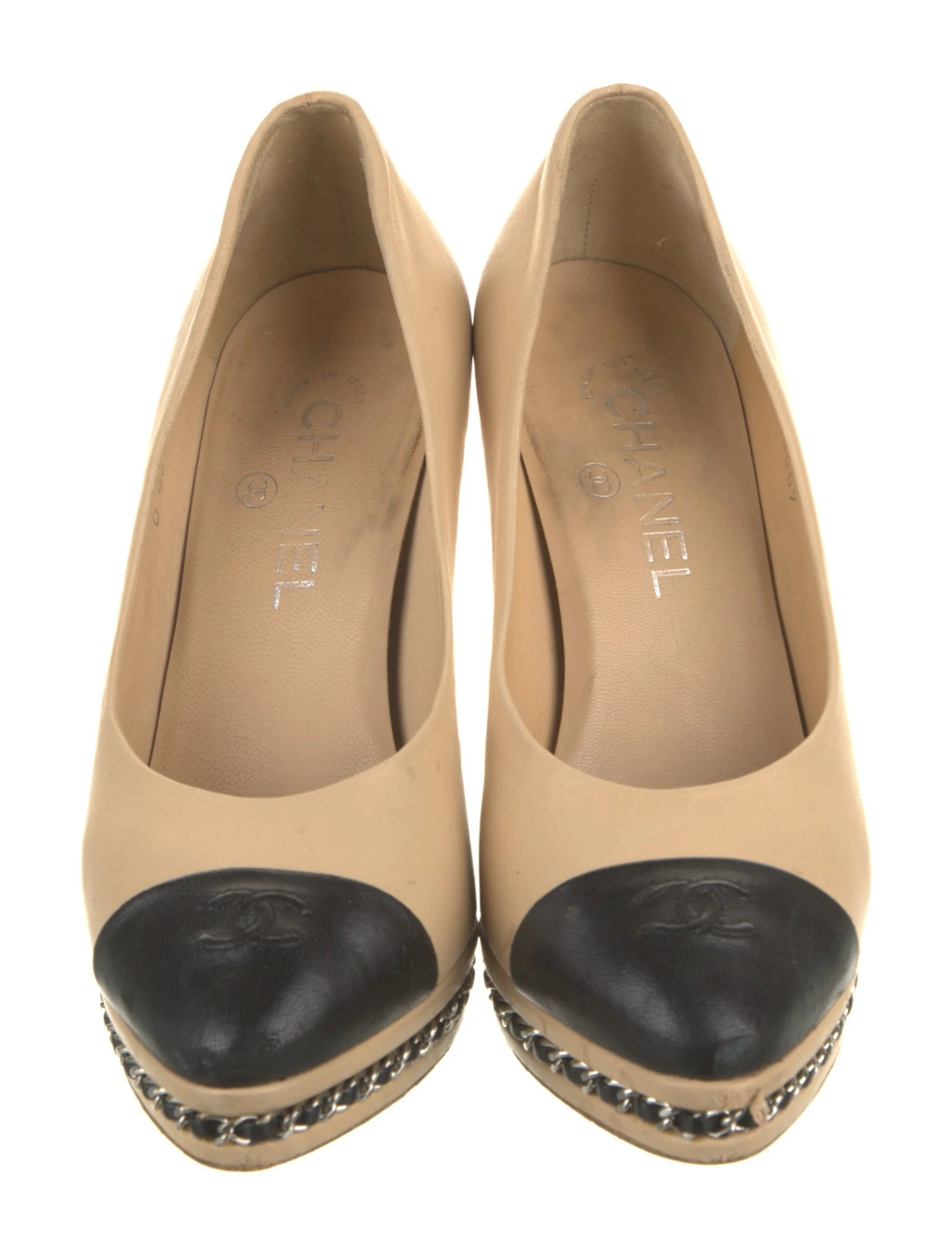 Chanel Interlocking CC beige leather pumps women's pair top view