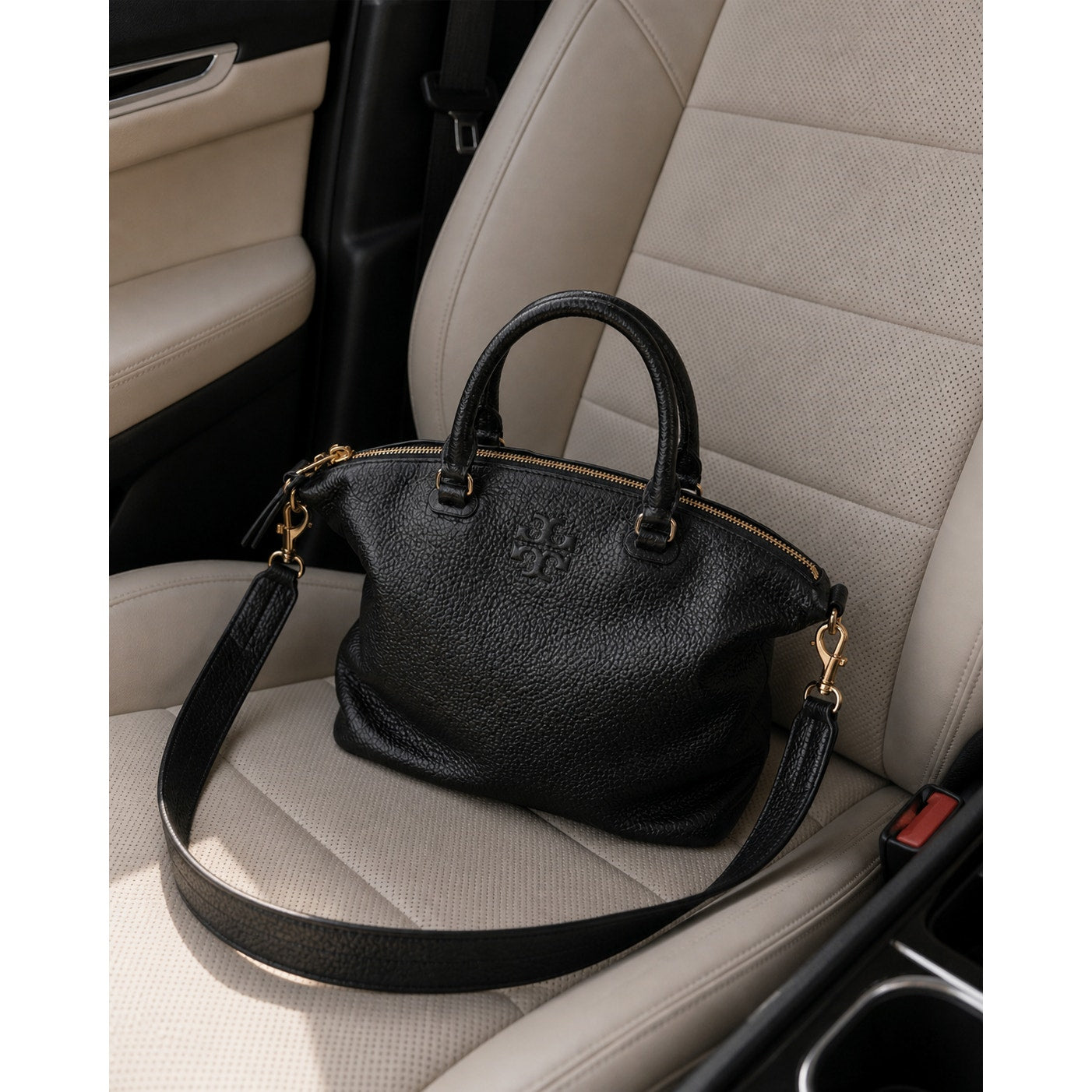 Tory Burch Robinson Satchel Pebbled Leather Black Crossbody Bag