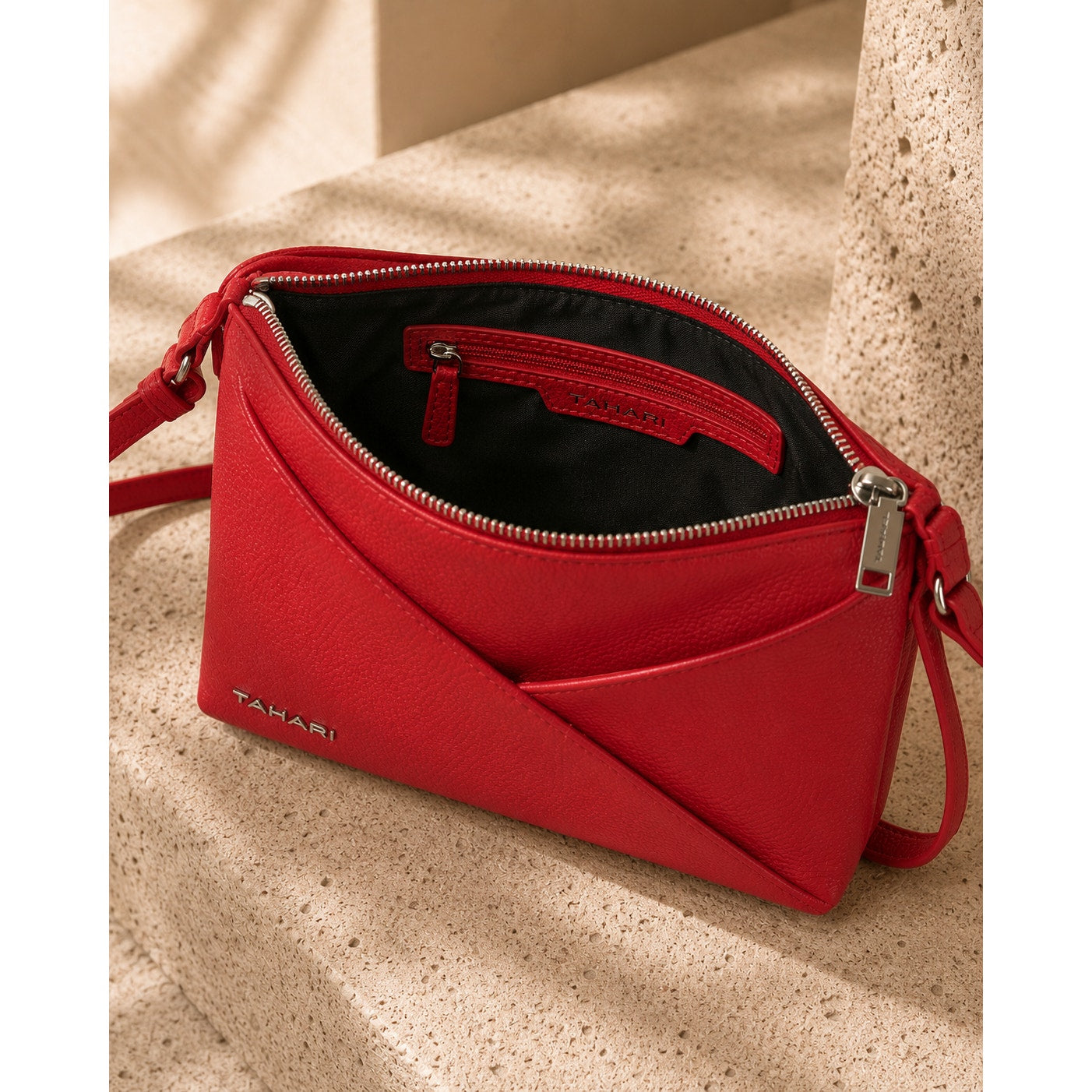 Tahari Red Triple Compartment Crossbody Bag Adjustable Strap