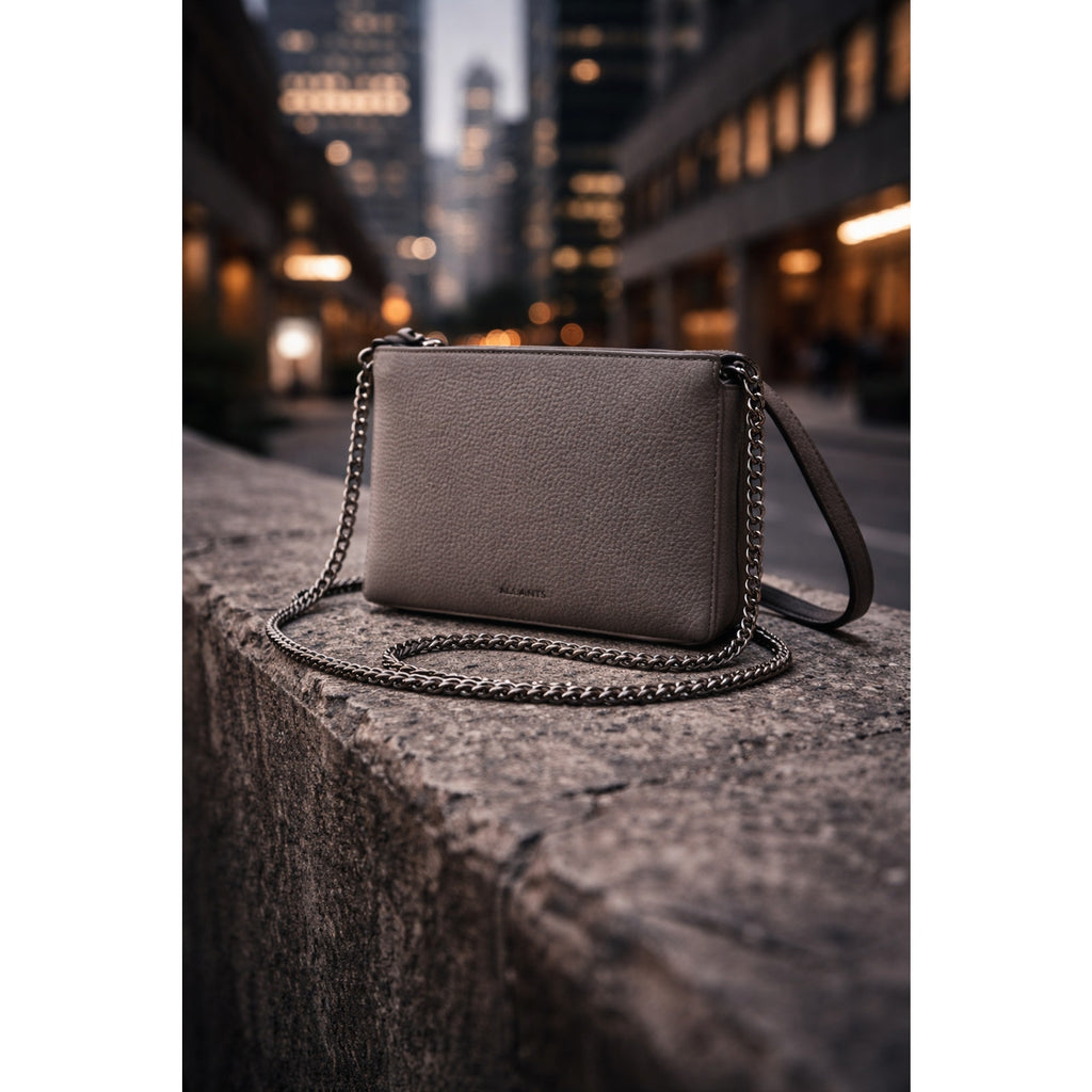 AllSaints Fetch Pebbled Leather Chain Crossbody Bag Black Matte