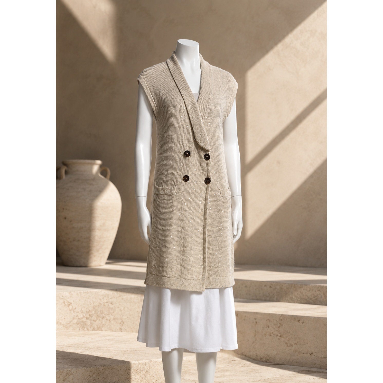 Brunello Cucinelli V-Neck Cardigan Vest Sequin Beige Size S