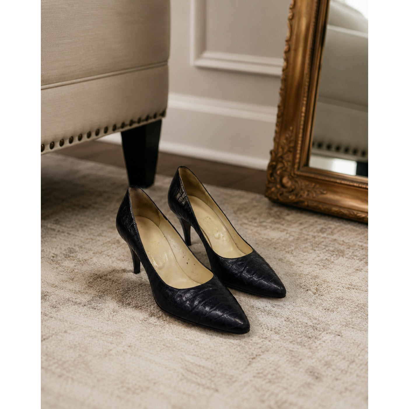 Rosina Ferragamo Schiavone Vintage Black Croc Leather Pumps Size 7