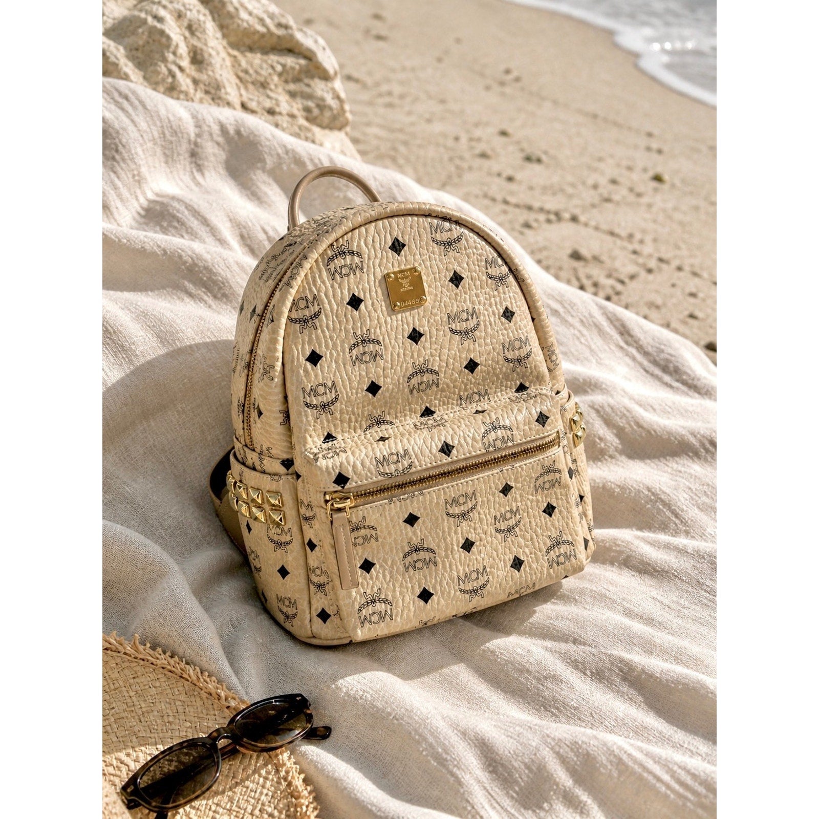 MCM Stark Side Studs Visetos Backpack Beige Leather Trim Small