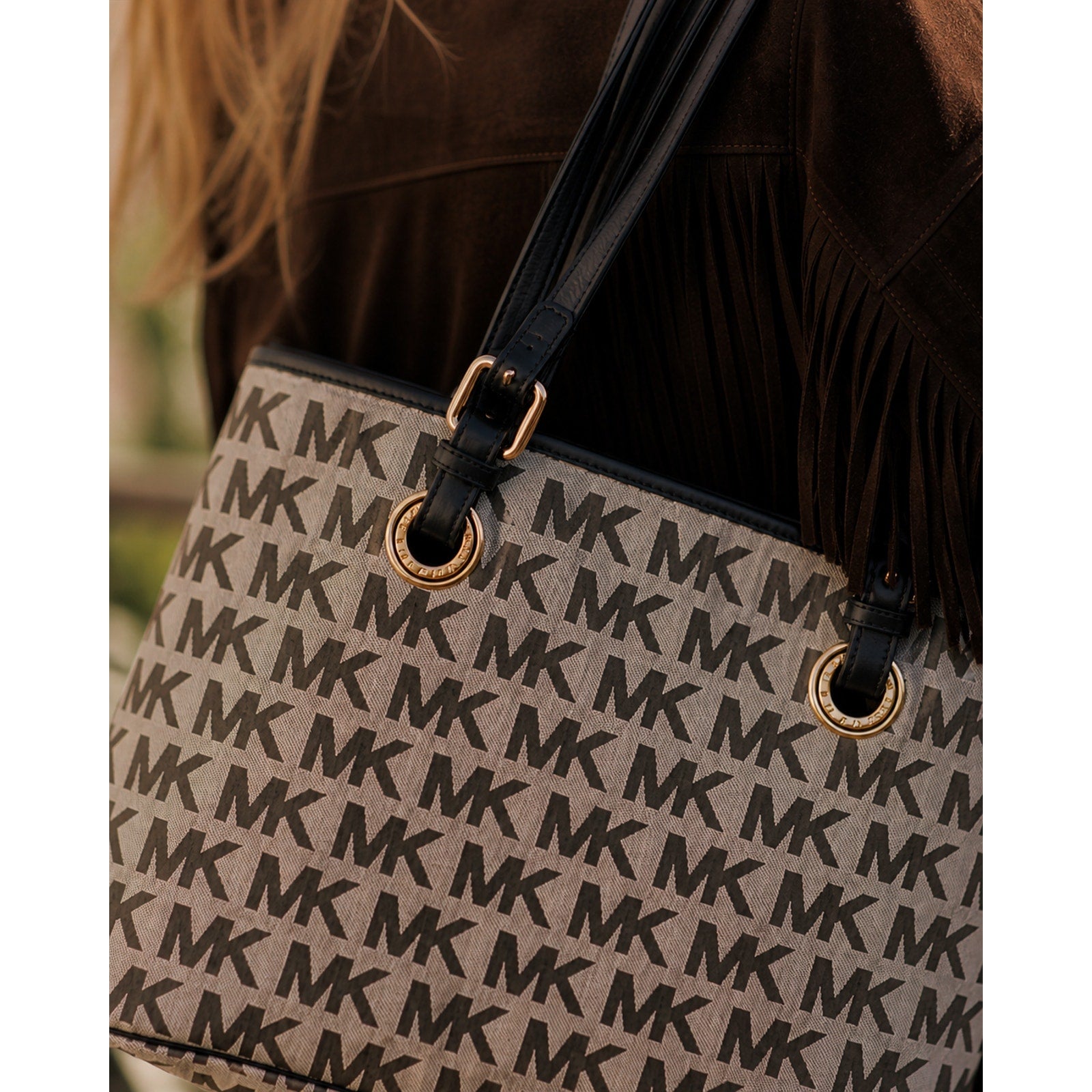 Michael Kors Jet Set MK Logo Tote Signature Canvas Black Leather Bag