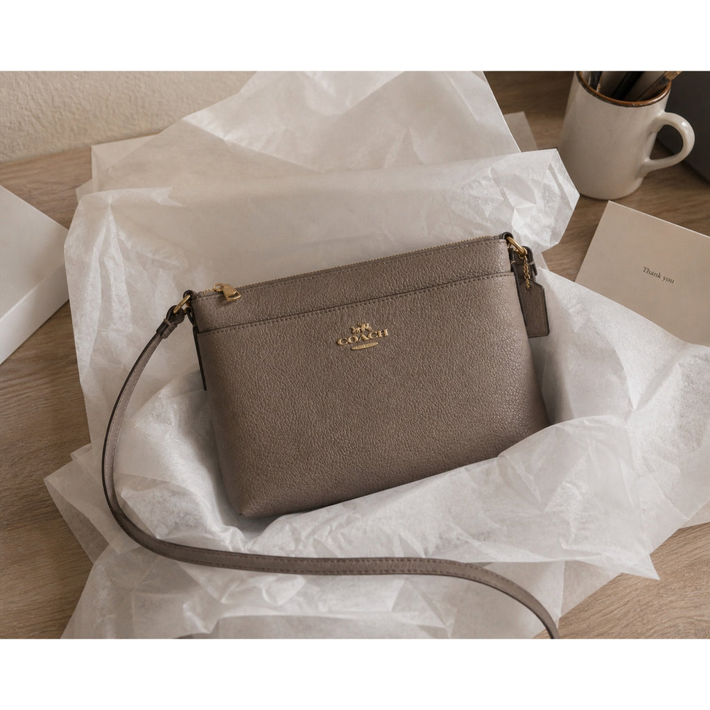 Coach Journal Crossbody Taupe Pebbled Leather Beige Gold Bag