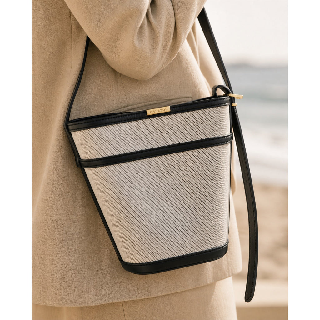 Halston Canvas Leather Trim Bucket Crossbody Bag Ivory Black Vintage
