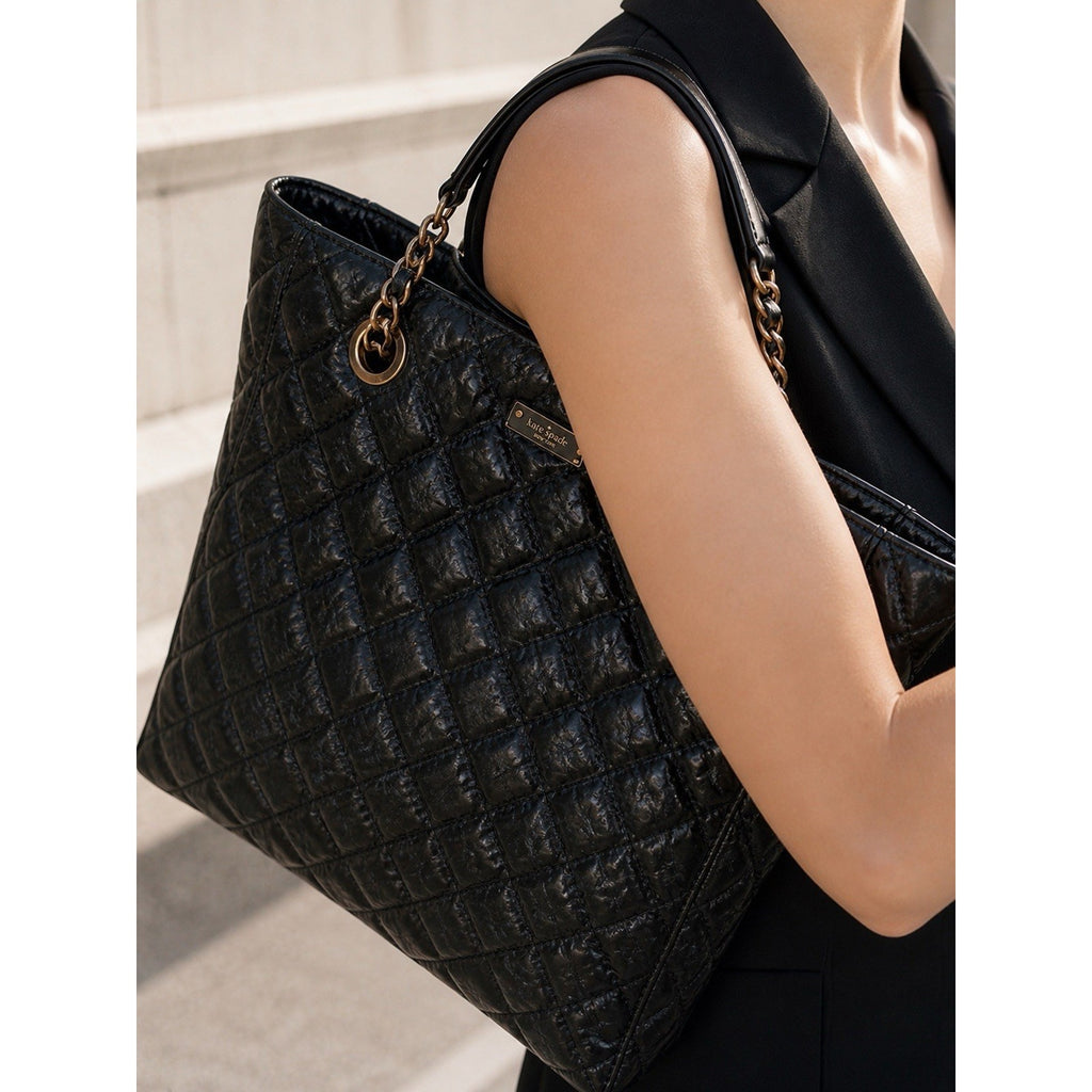 Kate Spade New York Black Quilted Leather Chain Tote Bag