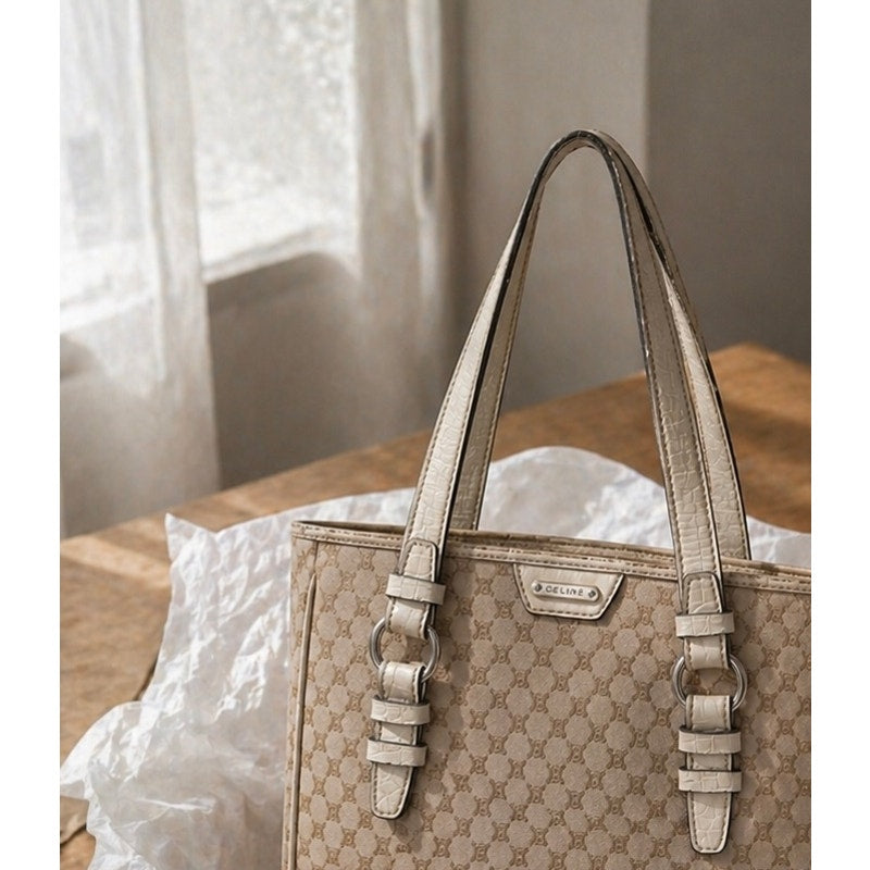 Celine Vintage Canvas Top Handle Tote Bag Brown Tan Logo Print