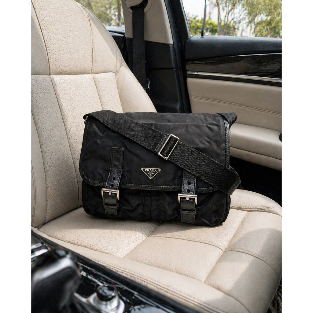Prada Black Tessuto Nylon Messenger Bag Crossbody Shoulder Bag