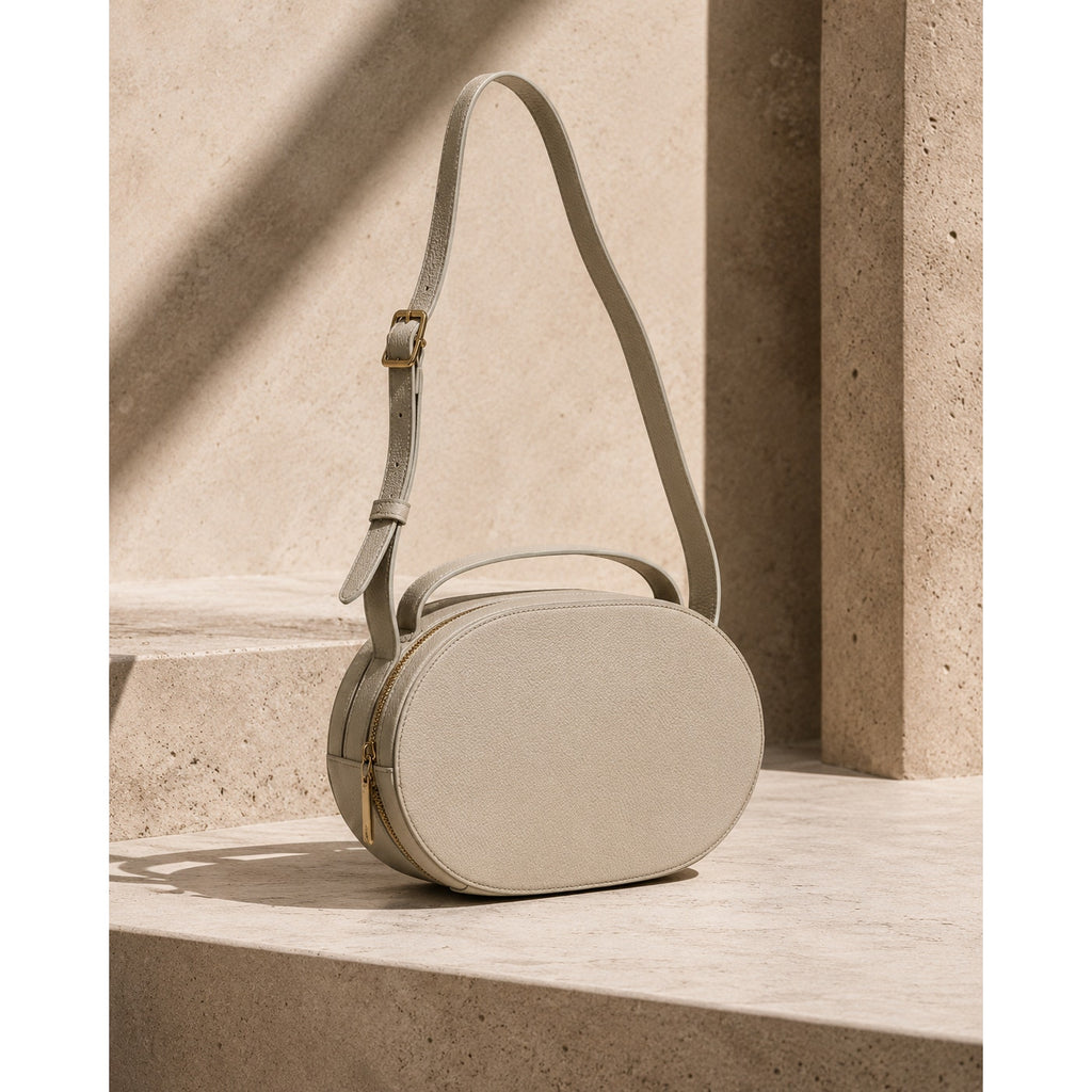 Cuyana Cream Leather Oval Zip Crossbody Bag Made in Turkey