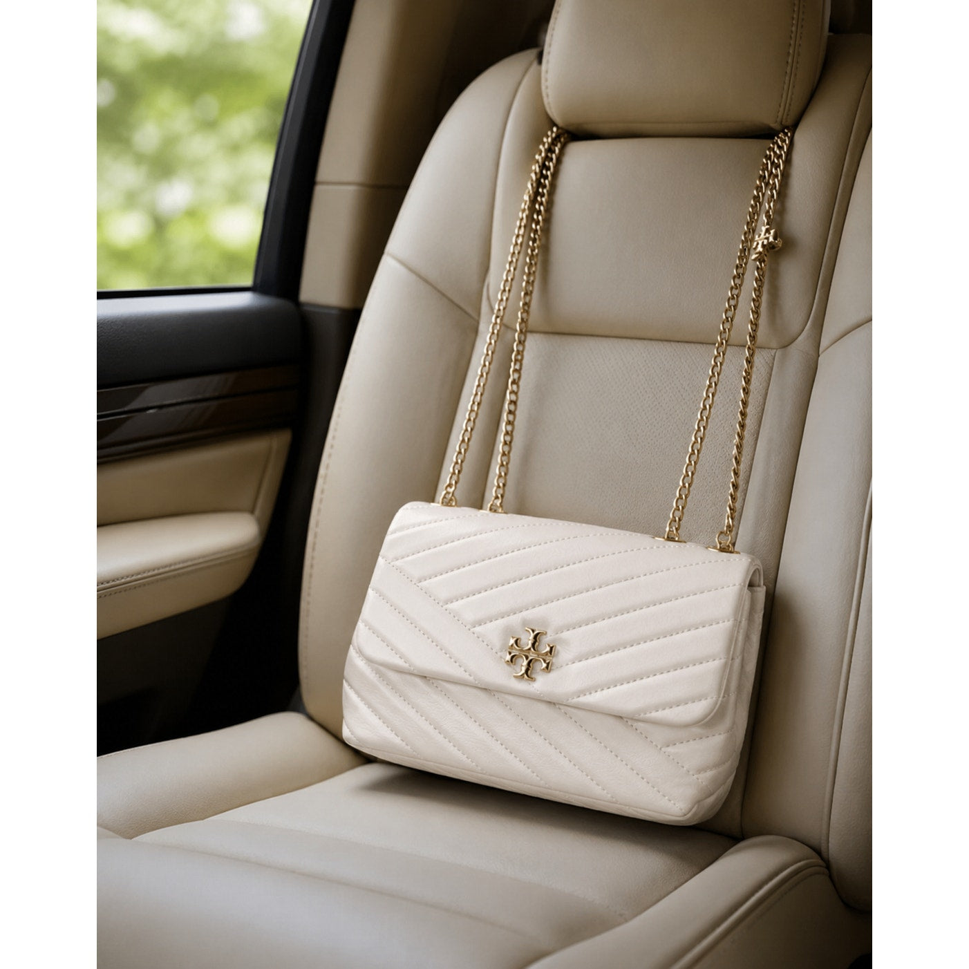 Tory Burch Kira Chevron Small Ivory Leather Convertible Shoulder Bag