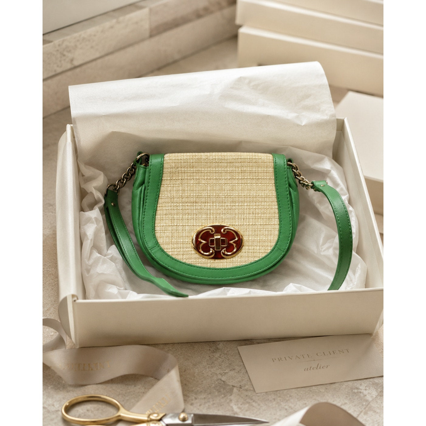 Emma Fox New Port Green Leather Woven Flap Crossbody Bag