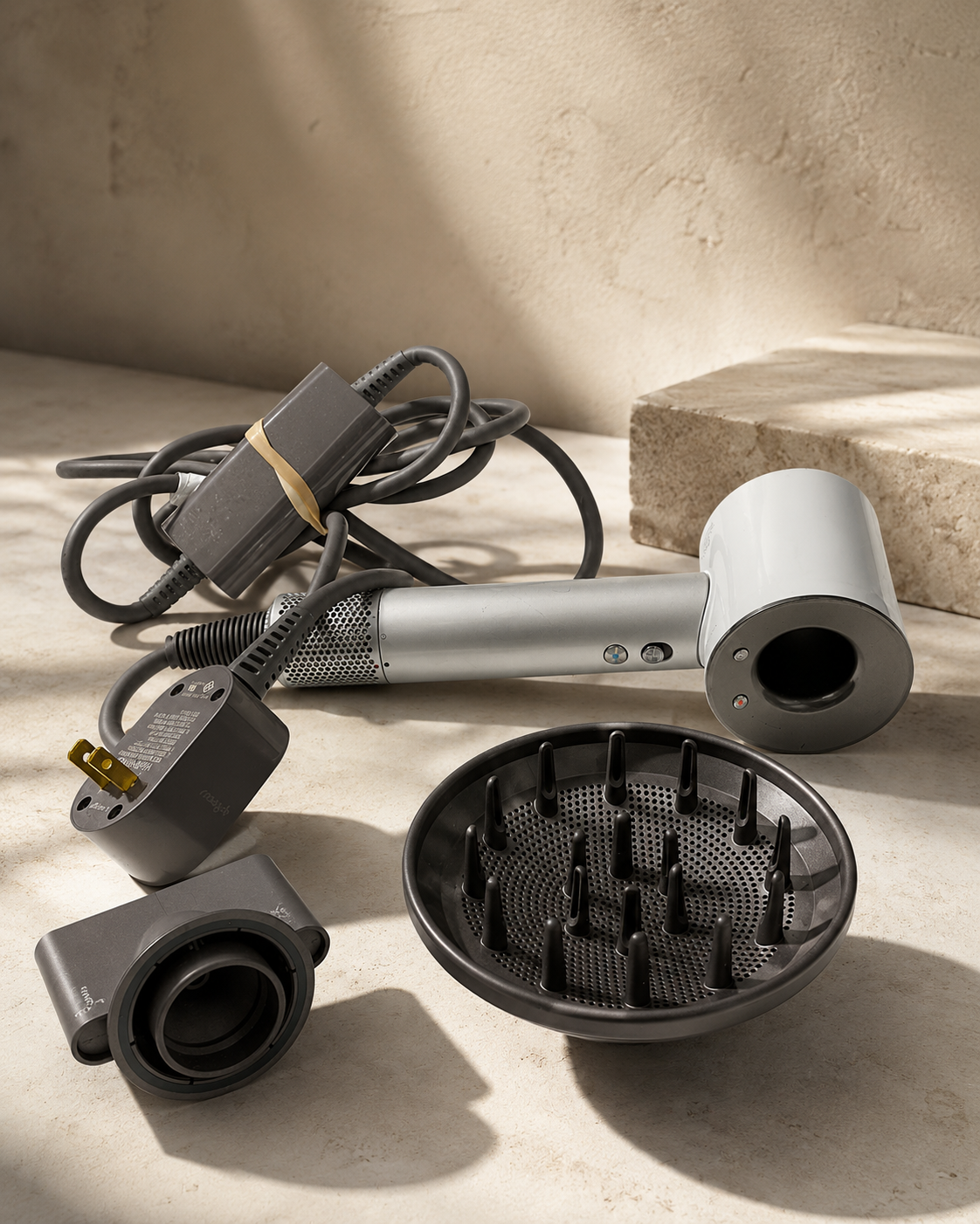 Dyson Supersonic silver gray hair dryer with diffuser and attachments alternate view