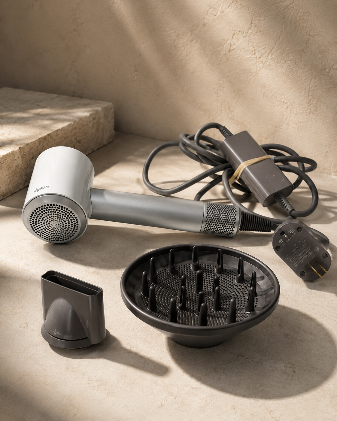 Dyson Supersonic silver gray hair dryer with diffuser and attachments