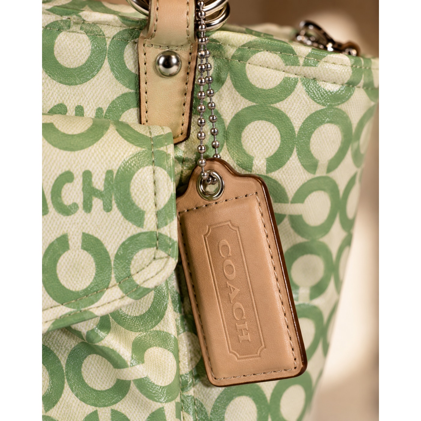 Coach Op Art Signature Coated Canvas Tote Green White Leather Trim