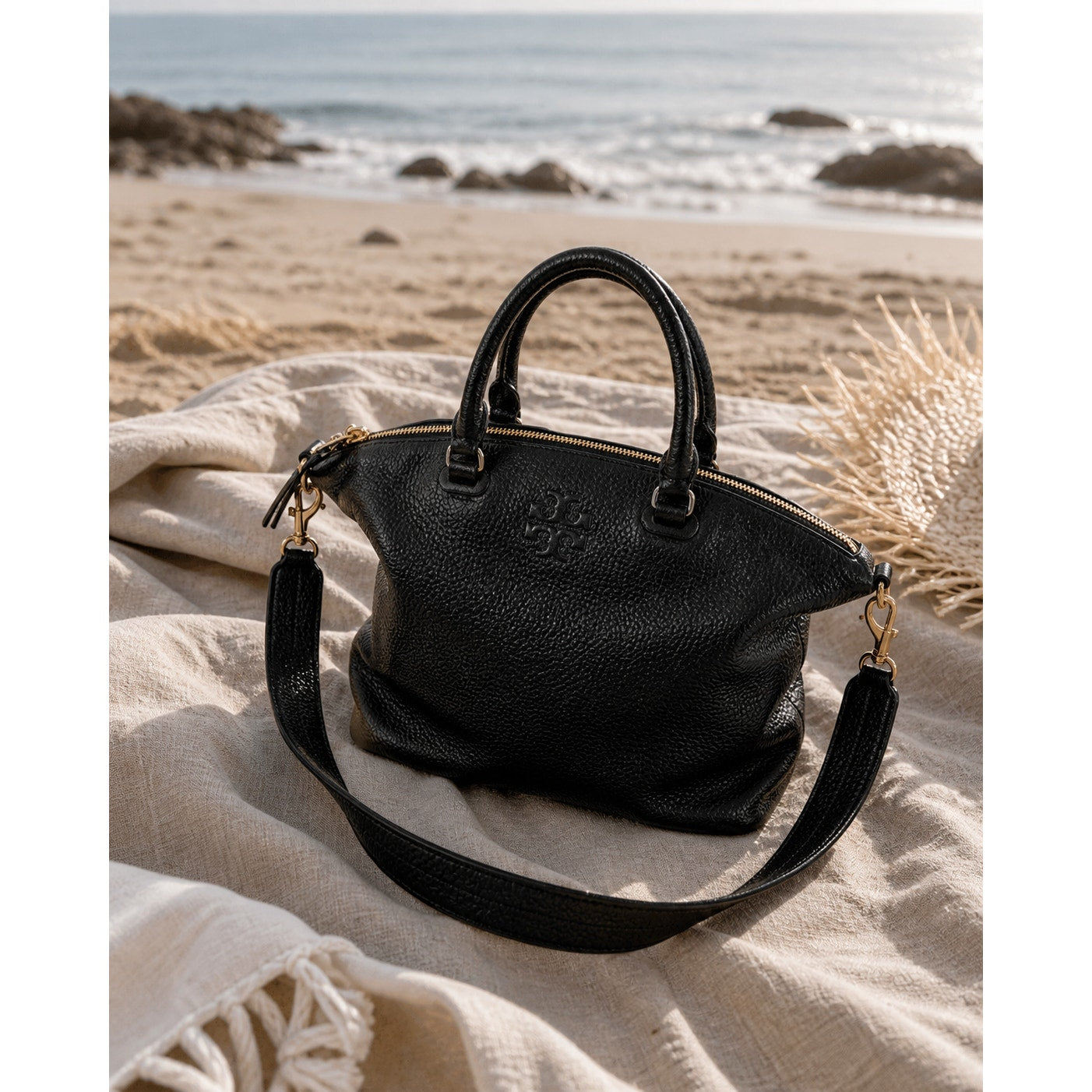 Tory Burch Robinson Satchel Pebbled Leather Black Crossbody Bag
