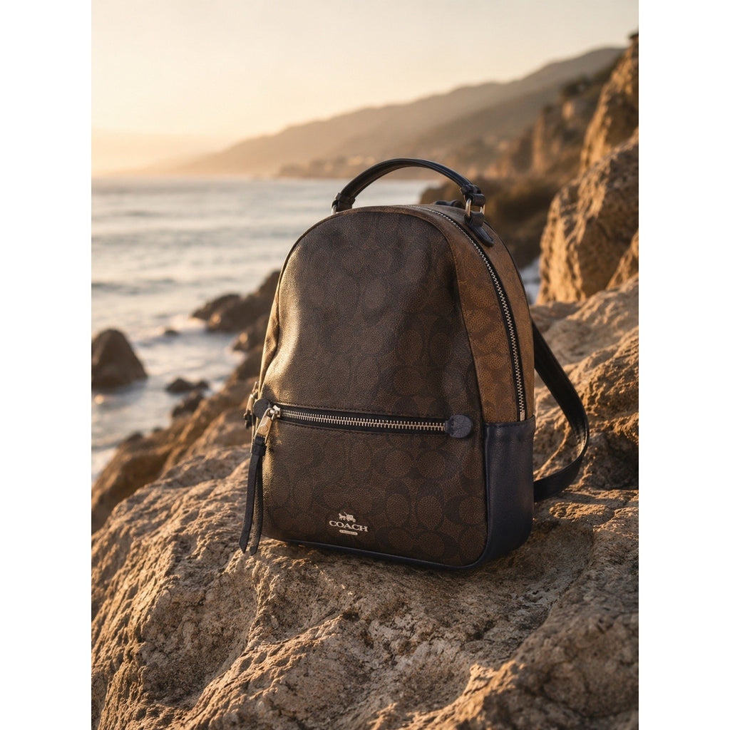 Coach Jordyn Mini Backpack Signature Canvas Brown Leather Trim