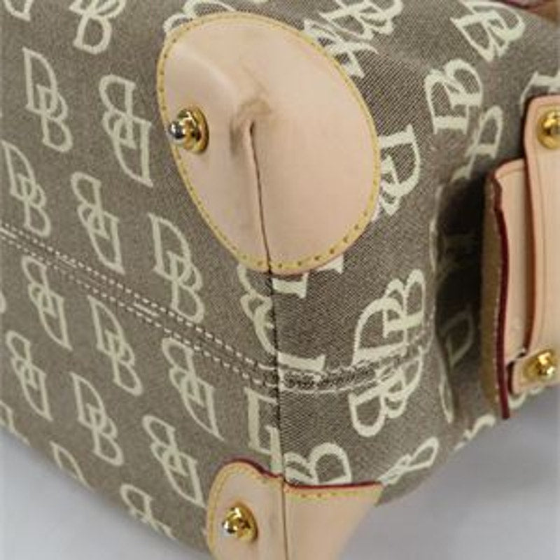 Dooney & Bourke Signature DB Monogram Pocket Satchel Tan Brown Leather Trim