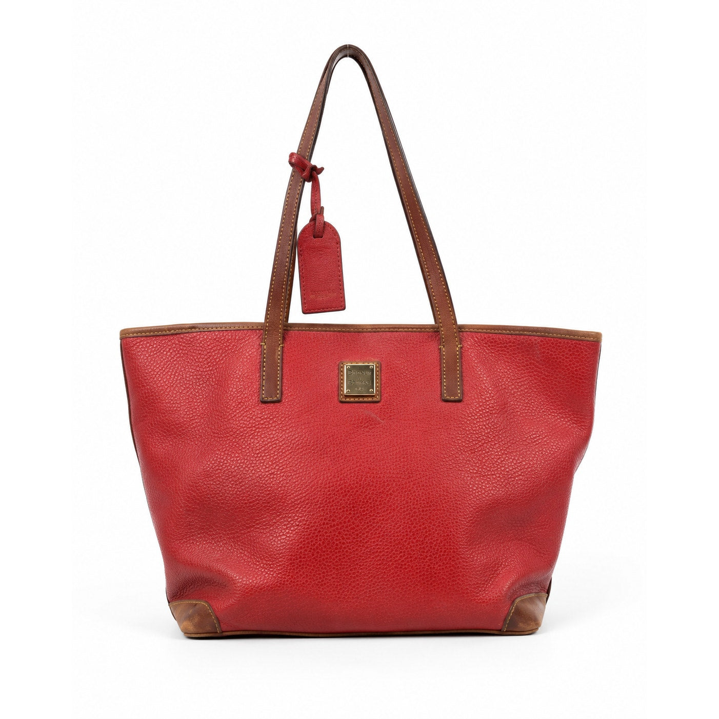 Dooney & Bourke Red Pebbled Leather Medium Tote Tan Trim Gold Hardware