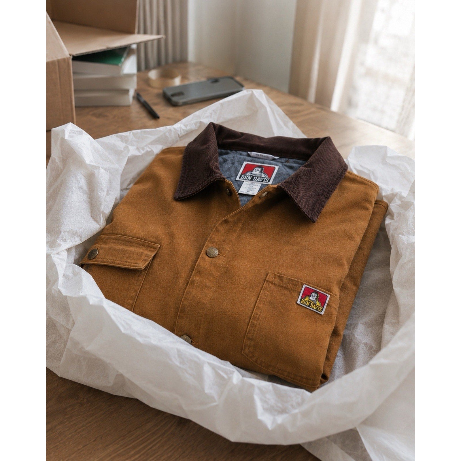 Ben Davis Original Canvas Chore Jacket Brown Corduroy Collar XL