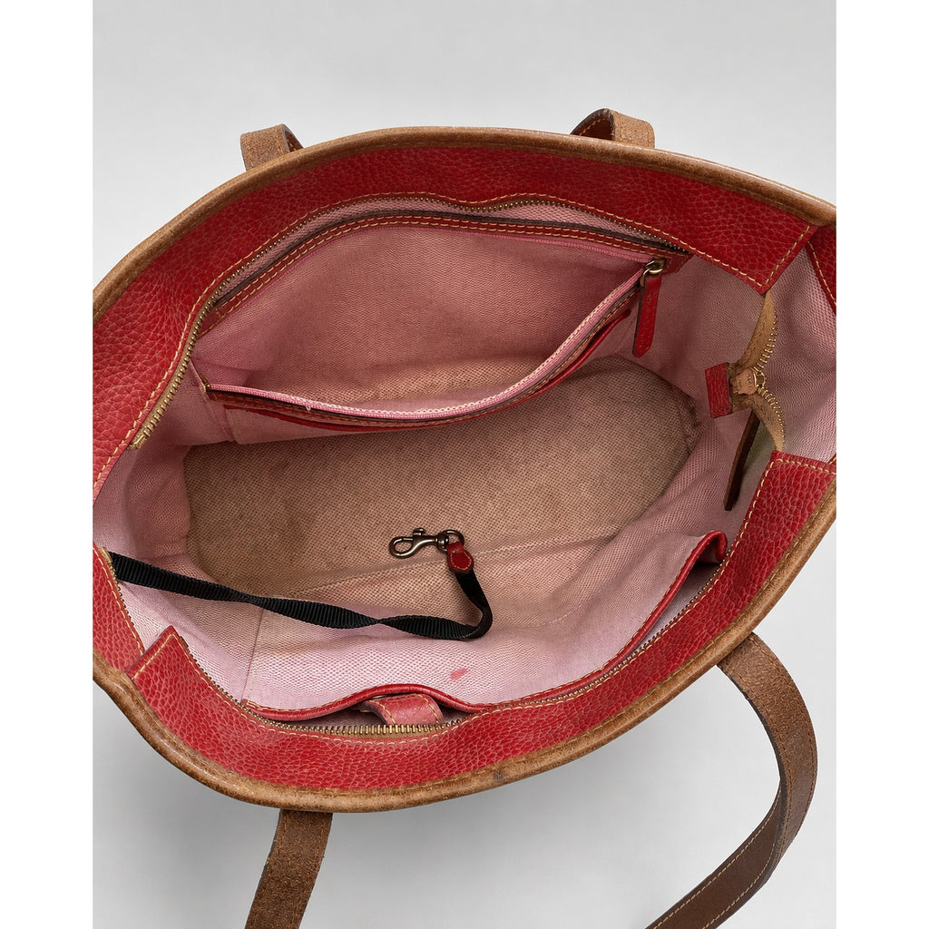 Dooney & Bourke Red Pebbled Leather Medium Tote Tan Trim Gold Hardware