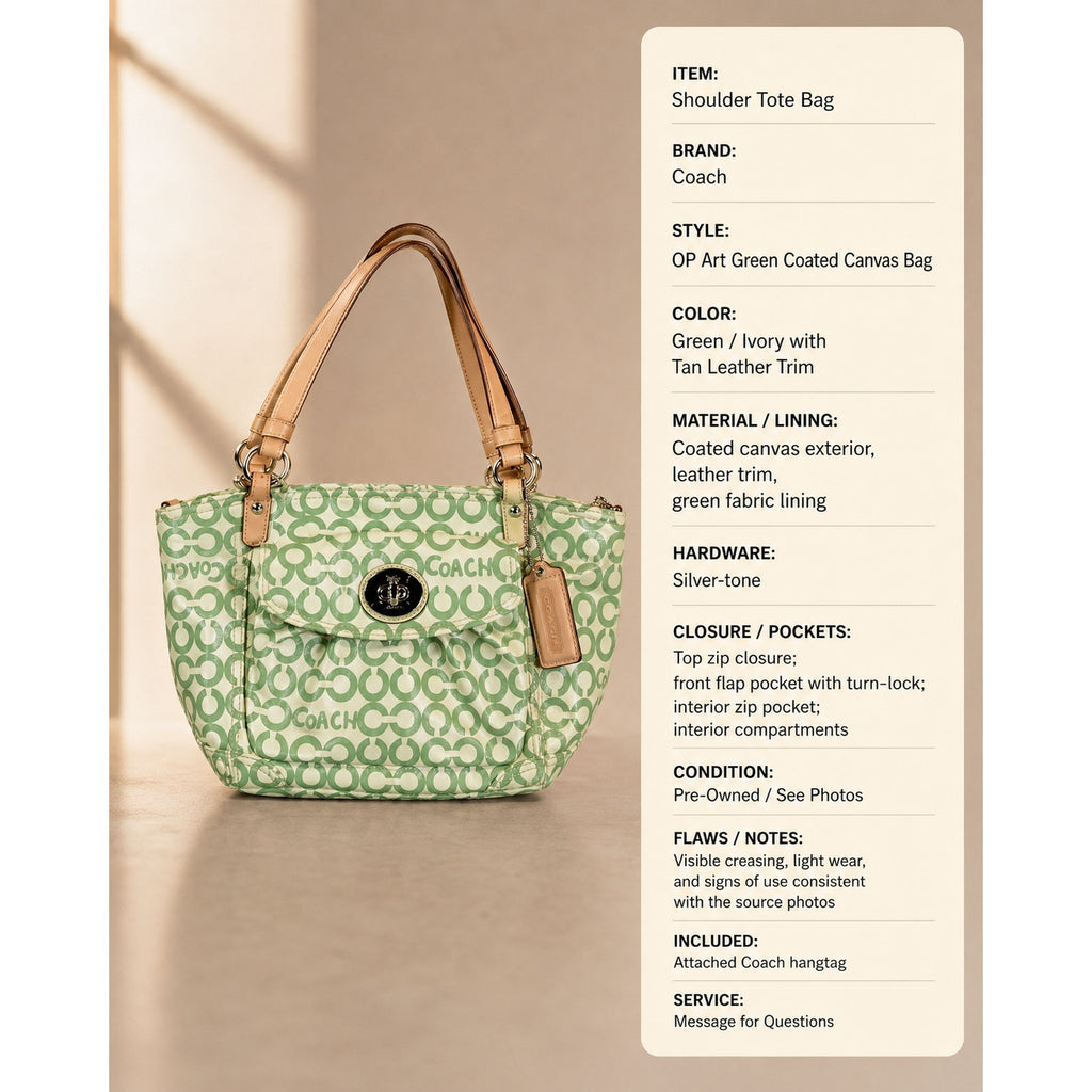 Coach Op Art Signature Coated Canvas Tote Green White Leather Trim