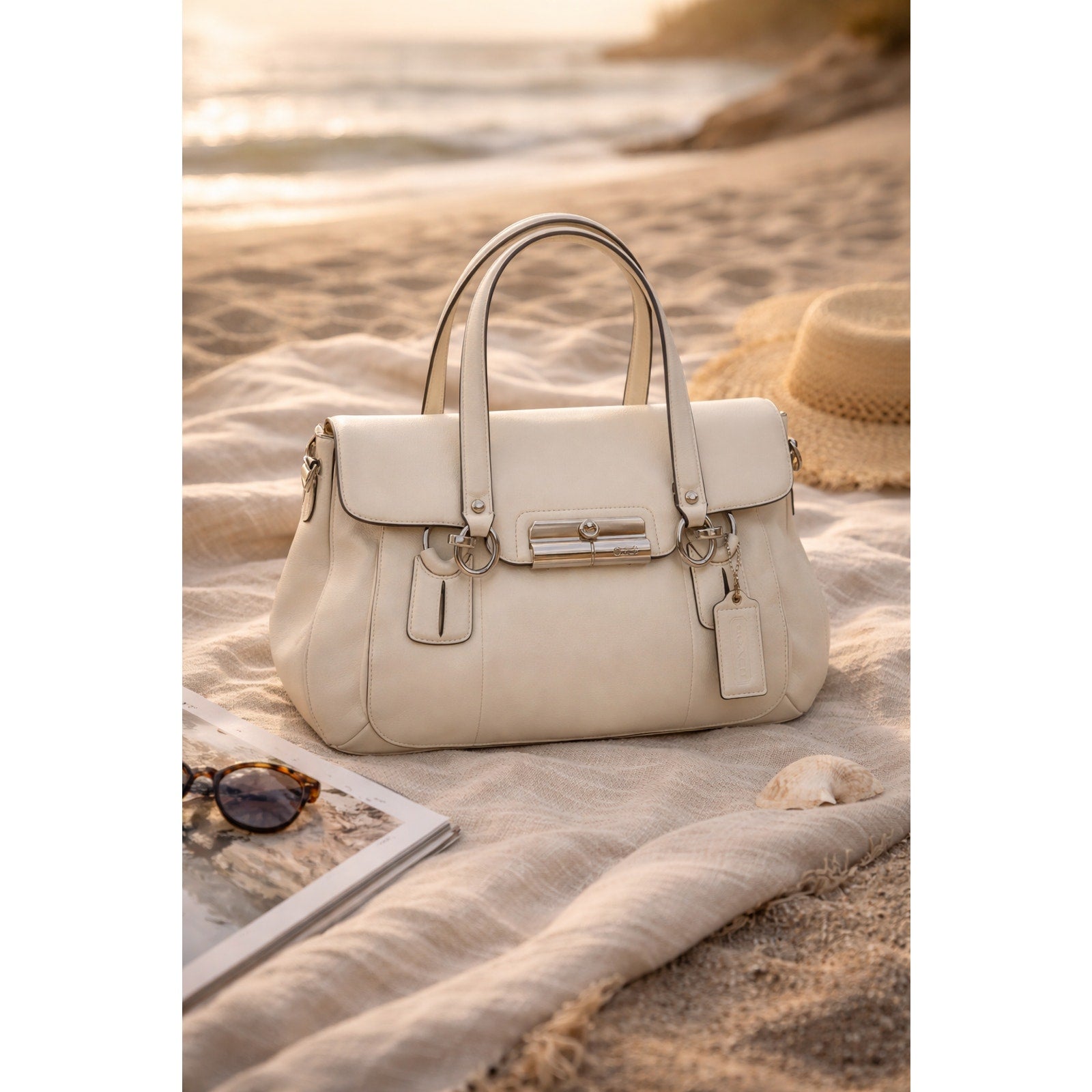 Coach Kristin Leather Satchel Ivory Cream Turnlock Shoulder Bag F13042