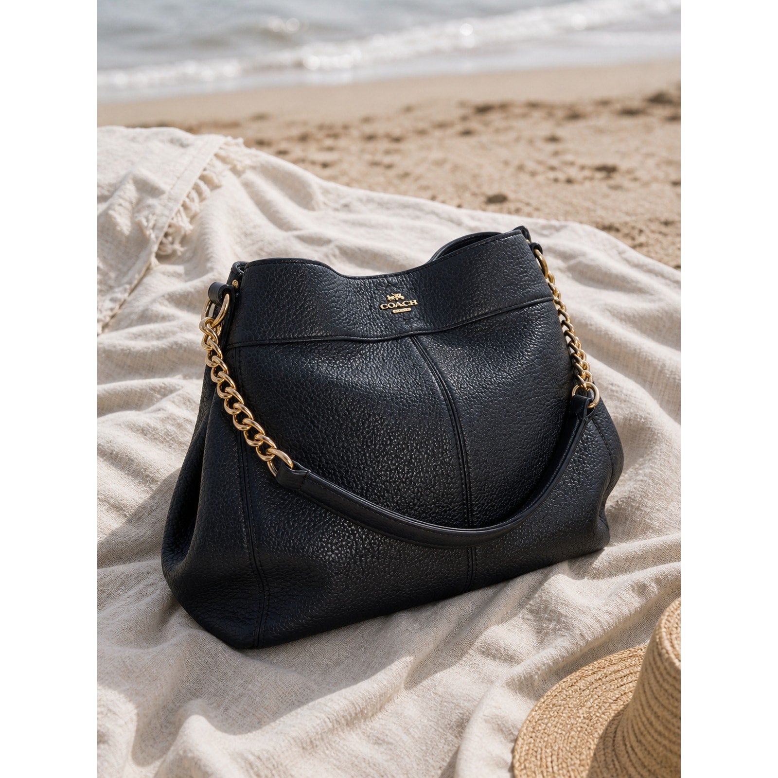 Coach Lexy Black Pebbled Leather Chain Shoulder Bag Gold Hardware Purse
