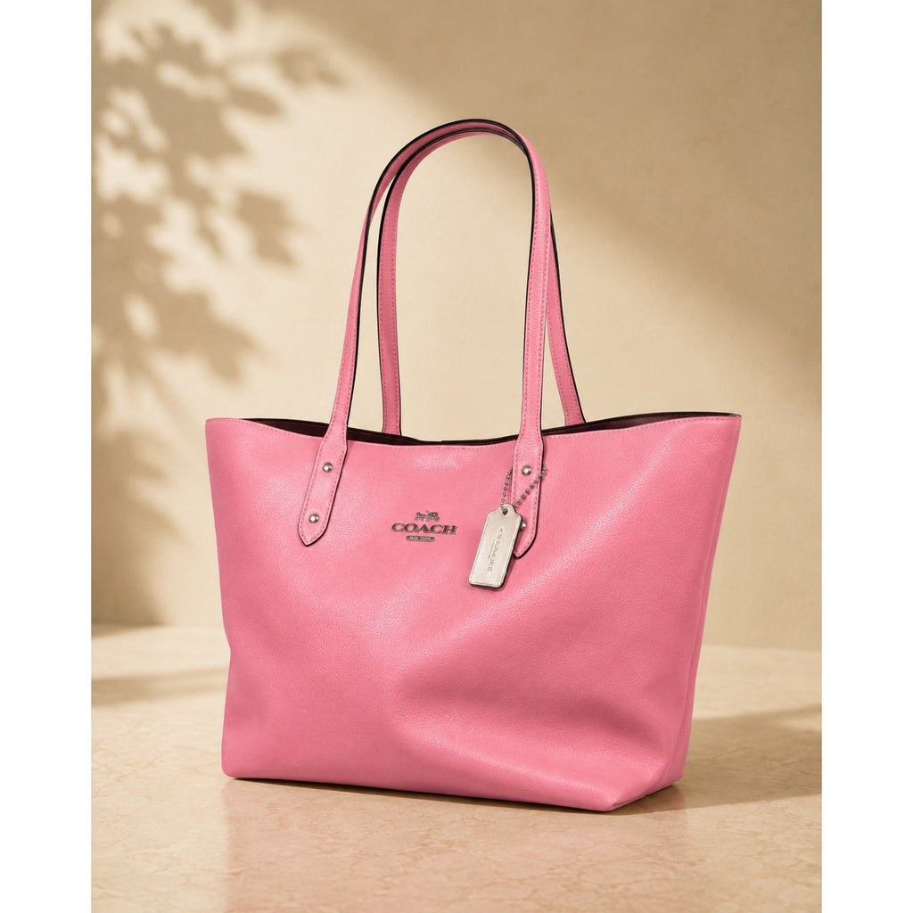Coach Pebbled Leather Large Tote Bag Pink Striped Lining Silver Hardware
