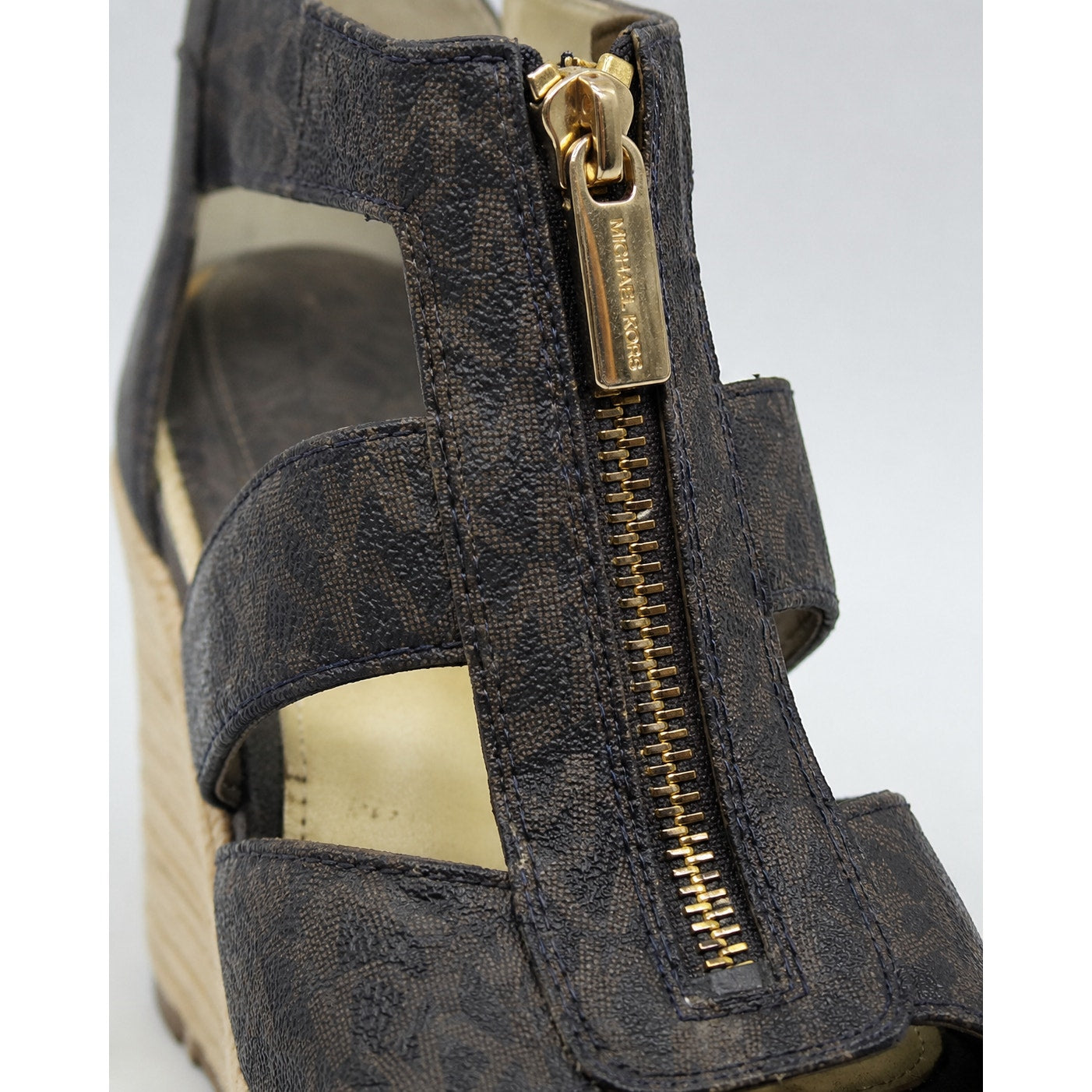Michael Kors Damita Logo Wedge Sandals Size 8 Black Gray Zip Espadrille