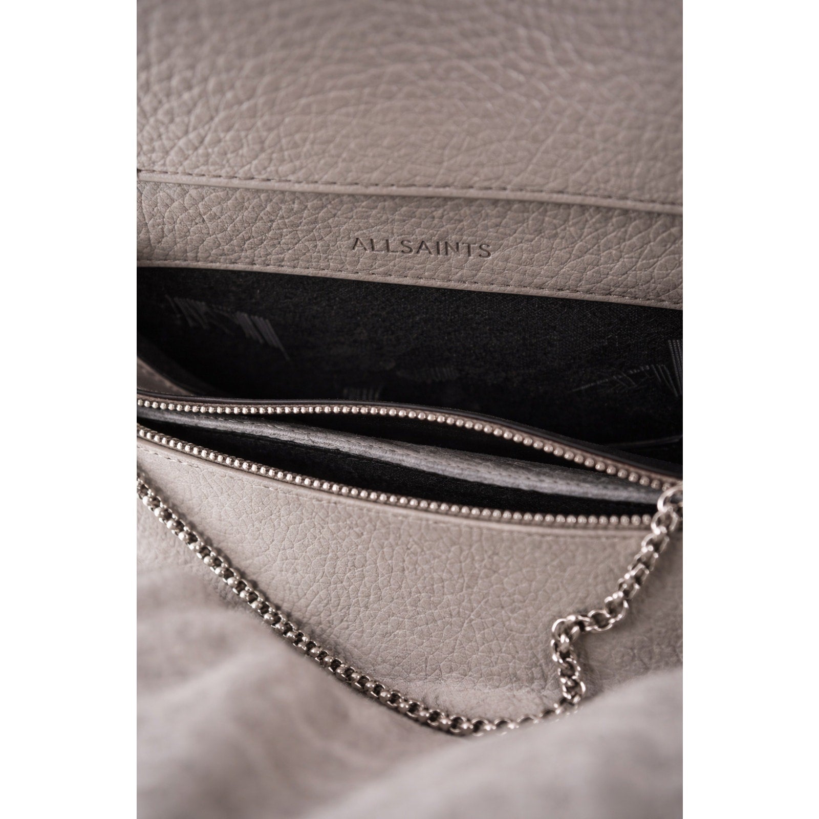 AllSaints Fetch Pebbled Leather Chain Crossbody Bag Black Matte