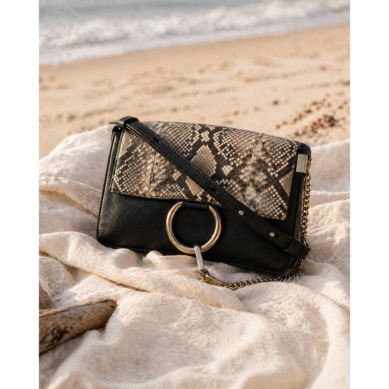 Chloé Faye Leather Snakeskin Flap Crossbody Black Gold Ring