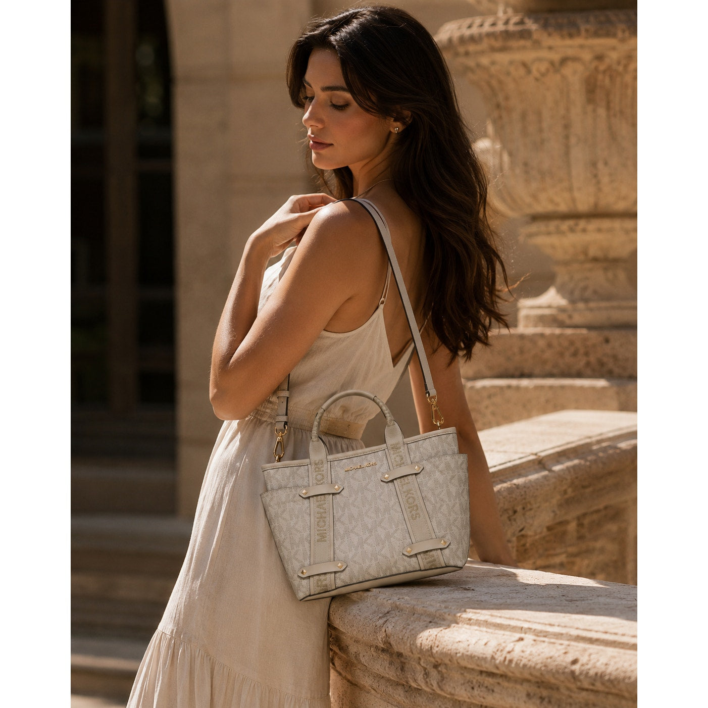 Michael Kors Cream Logo Tote Bag Crossbody Strap 13 x 8 x 4