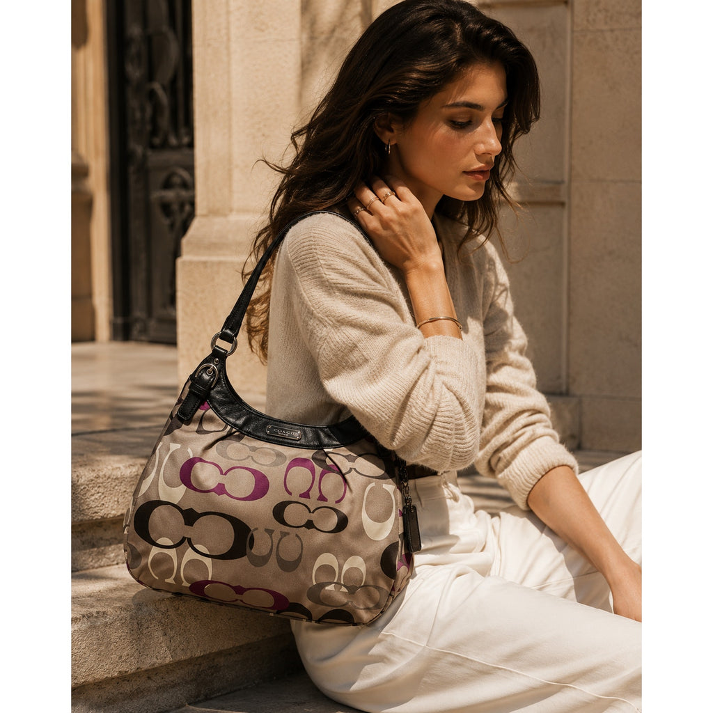 Coach Soho Optic Signature Logo Large Hobo Bag Brown Purple