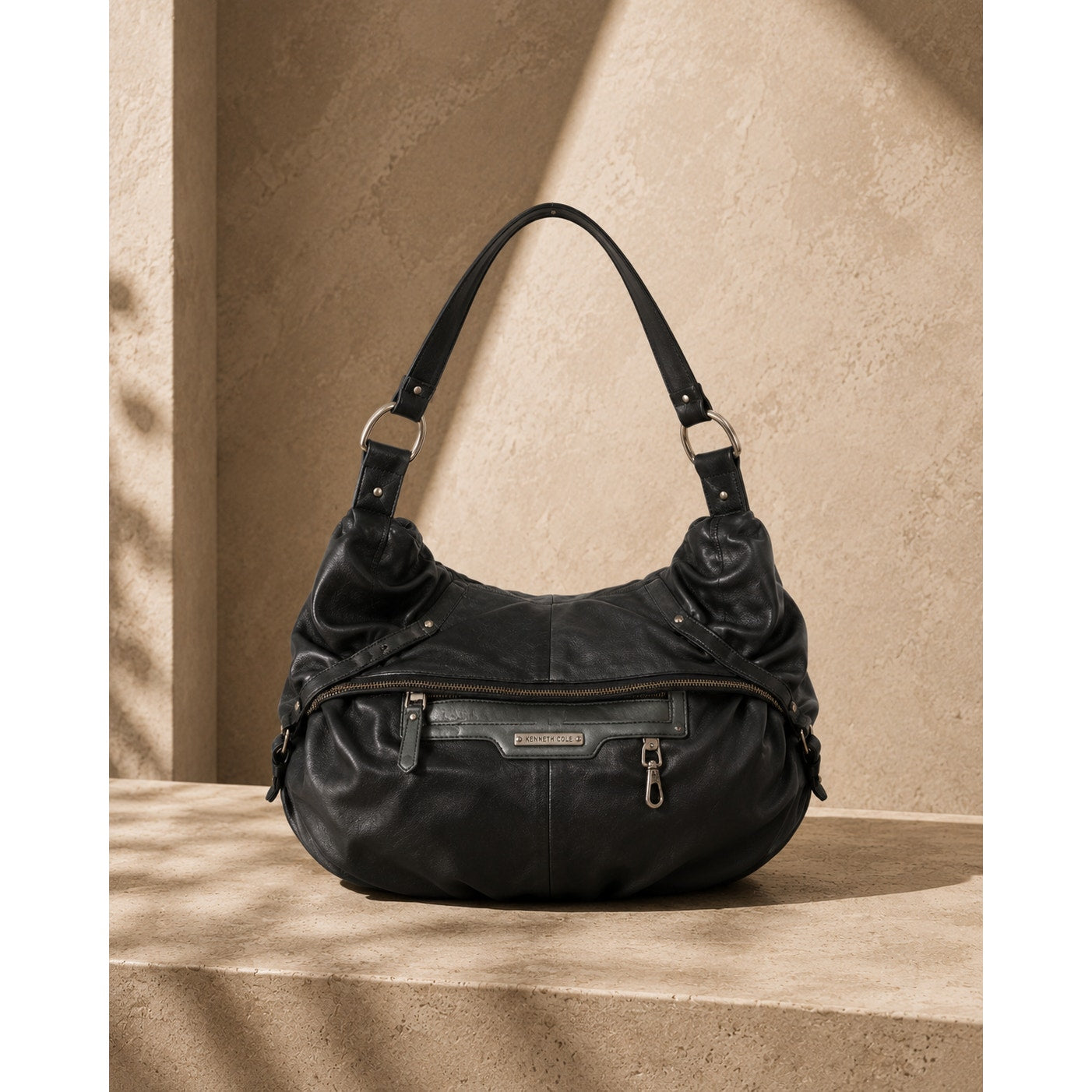 Kenneth Cole Reaction Leather Studded Hobo Bag Black Large