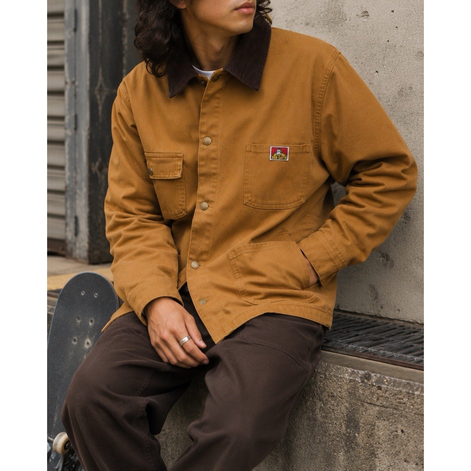 Ben Davis Original Canvas Chore Jacket Brown Corduroy Collar XL