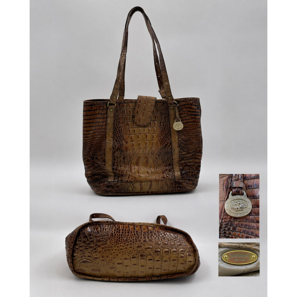 Brahmin Brown Croc Embossed Leather Large Shoulder Tote Gold Hardware