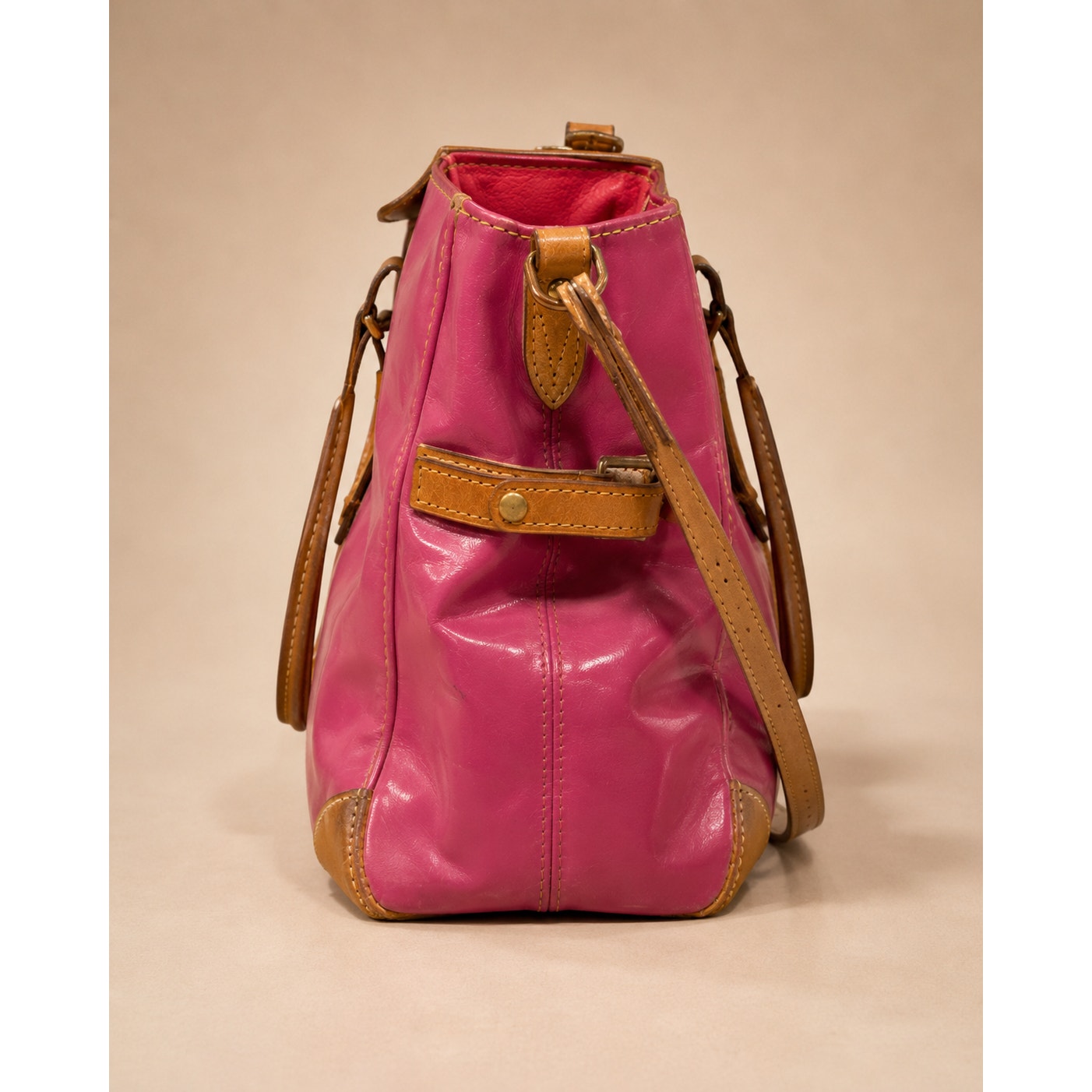 Dooney & Bourke Y2K Fuchsia Patent Leather Satchel Tote Tan Trim