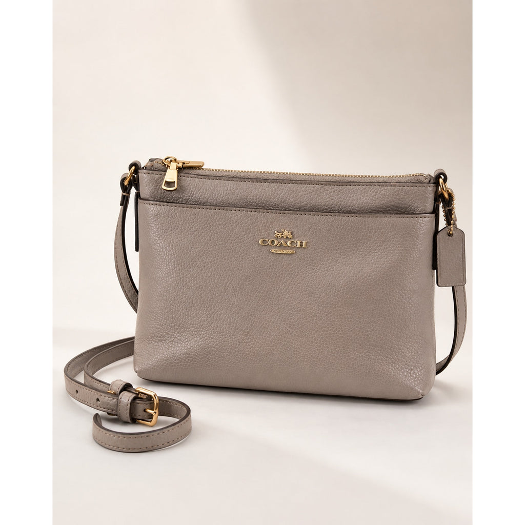 Coach Journal Crossbody Taupe Pebbled Leather Beige Gold Bag