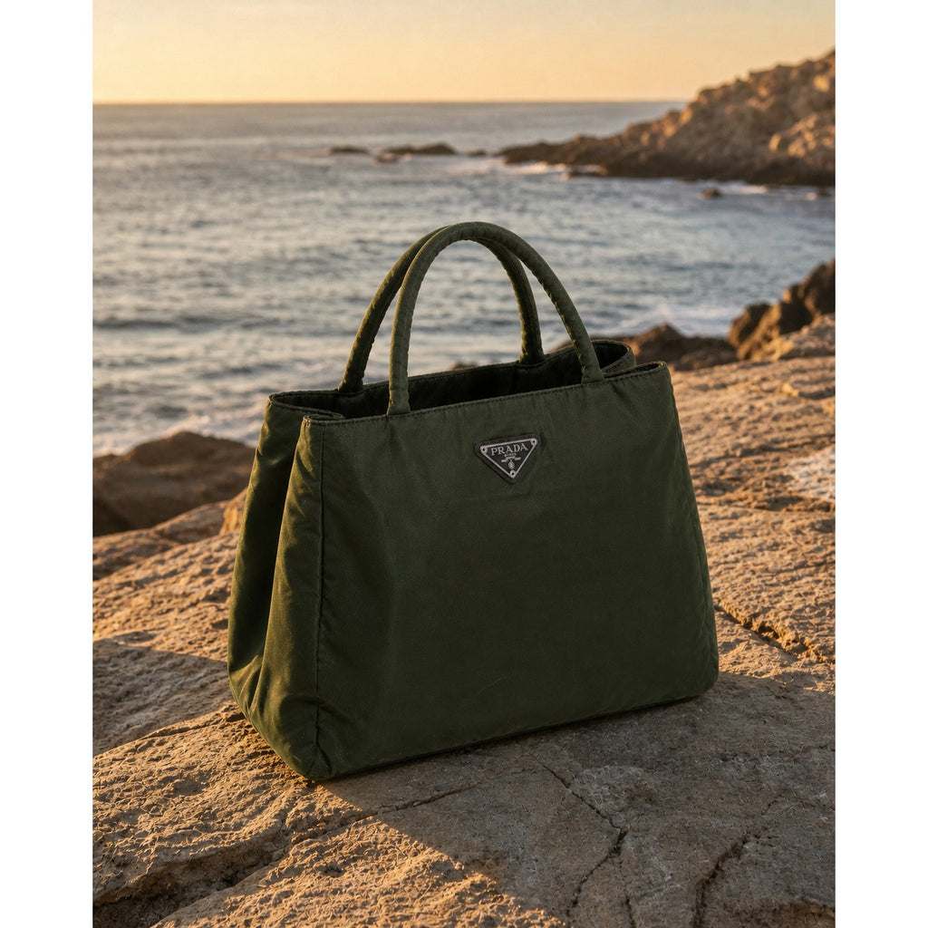 Prada Tessuto Nylon Top Handle Tote Bag Dark Green Triangle Logo