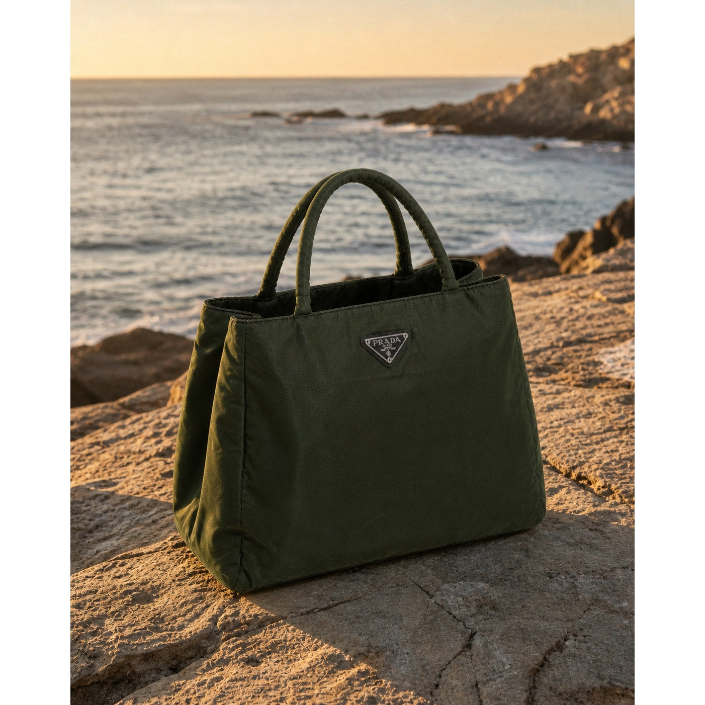 Prada Tessuto Nylon Top Handle Tote Bag Dark Green Triangle Logo