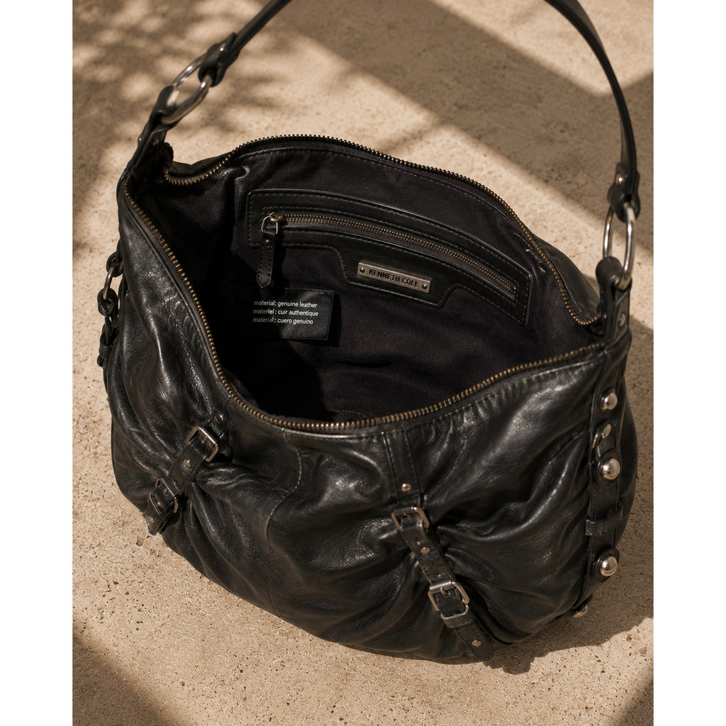 Kenneth Cole Reaction Leather Studded Hobo Bag Black Large